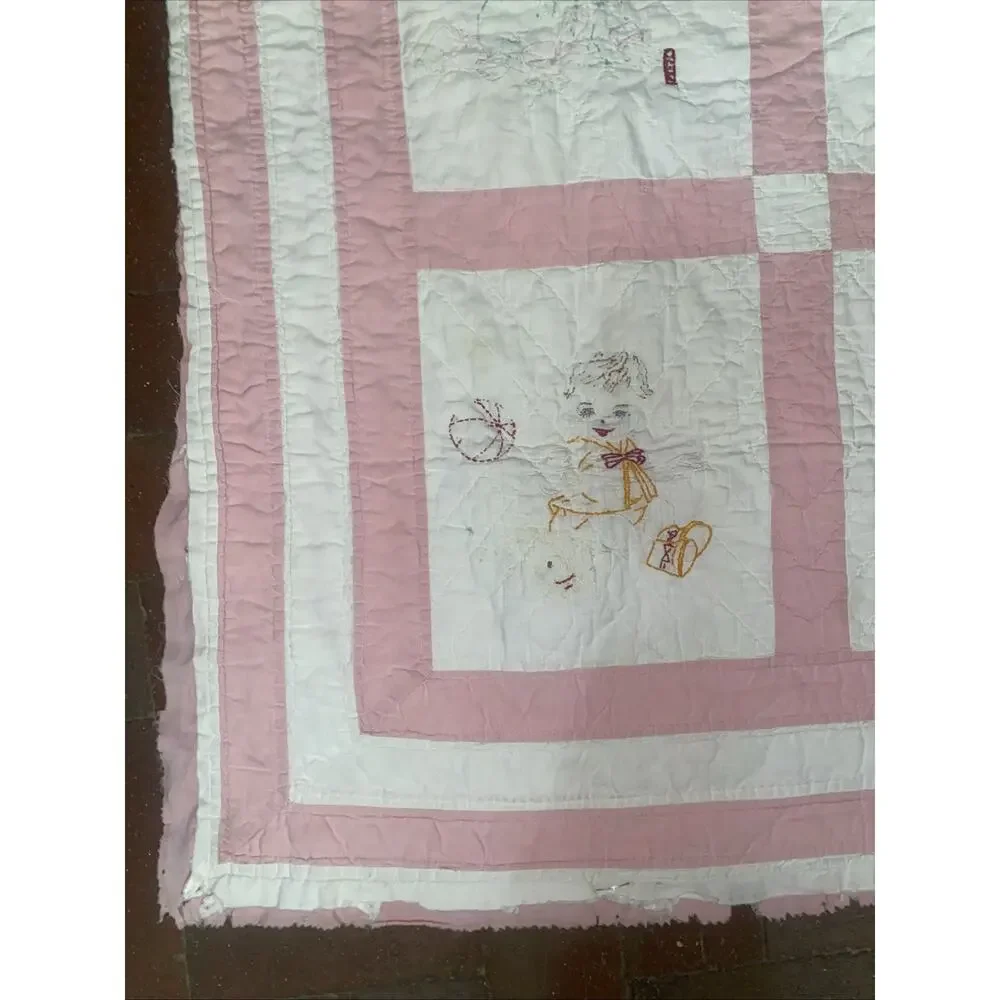 Vintage Patchwork Hand Quilted Embroidered Baby Girl Cotton Blanket Quilt 44” SQ